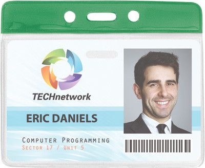 Clear Vinyl Horizontal Badge Holder with Green Color Bar, 3.85" x 2.68"