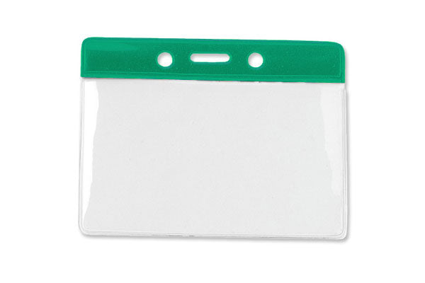 Clear Vinyl Horizontal Badge Holder with Green Color Bar, 3.85" x 2.68"