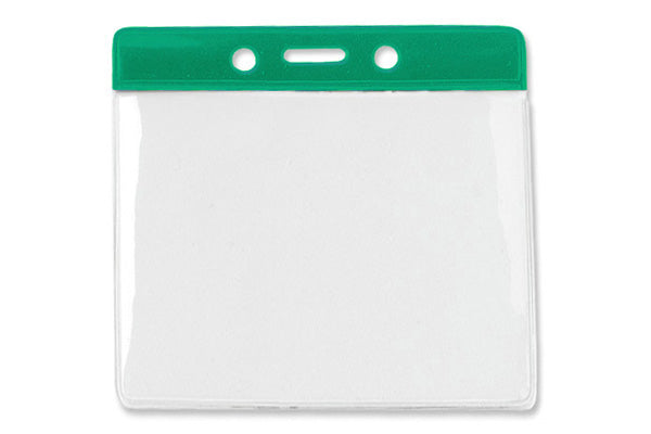 Clear Vinyl Horizontal Badge Holder with Green Color Bar, 4.38" x 3.63"